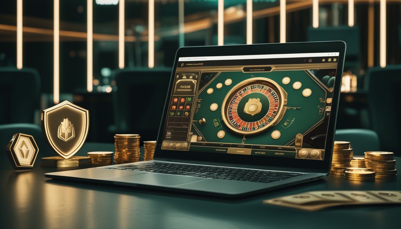 Seorang pemain sedang menggunakan laptop untuk bermain baccarat online dengan suasana kasino yang mewah dan simbol keamanan serta hadiah bonus di sekitarnya.