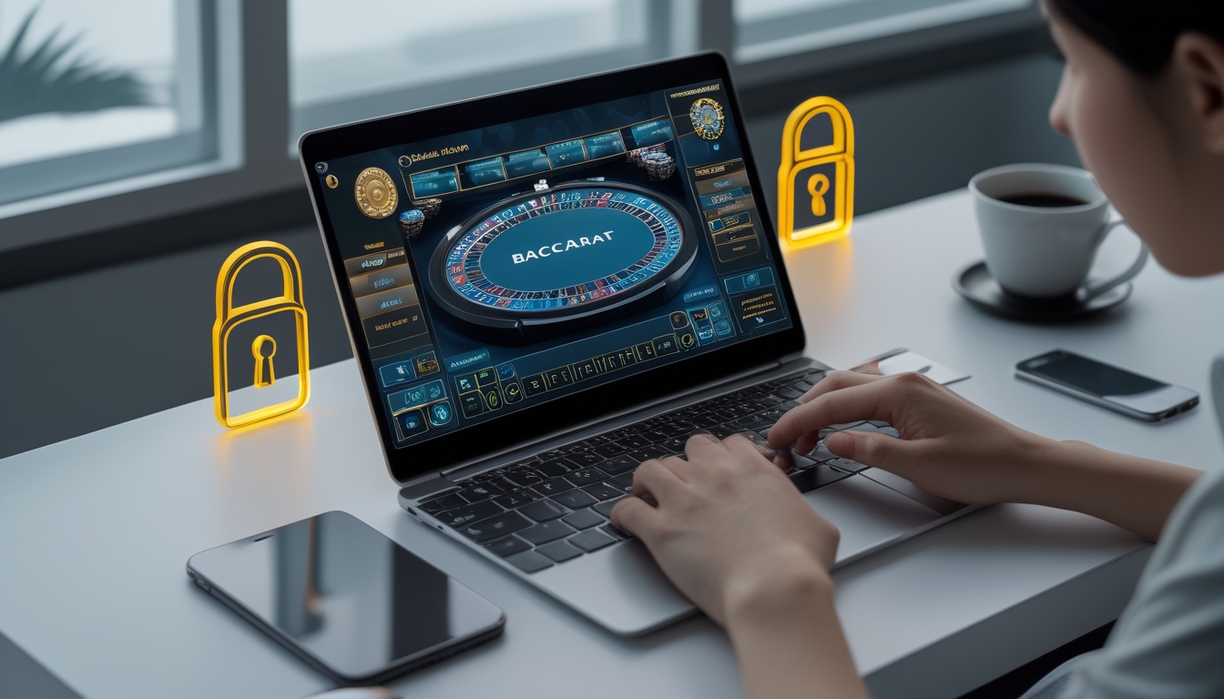 Seorang pengguna sedang bermain baccarat online dengan laptop di meja kerja yang rapi, terlihat simbol keamanan digital di latar belakang.