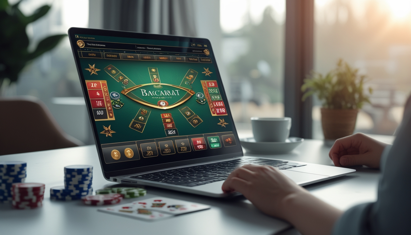 Seorang pemain sedang menggunakan laptop dengan permainan baccarat online di layar, dikelilingi oleh kartu remi dan chip kasino di atas meja yang rapi.