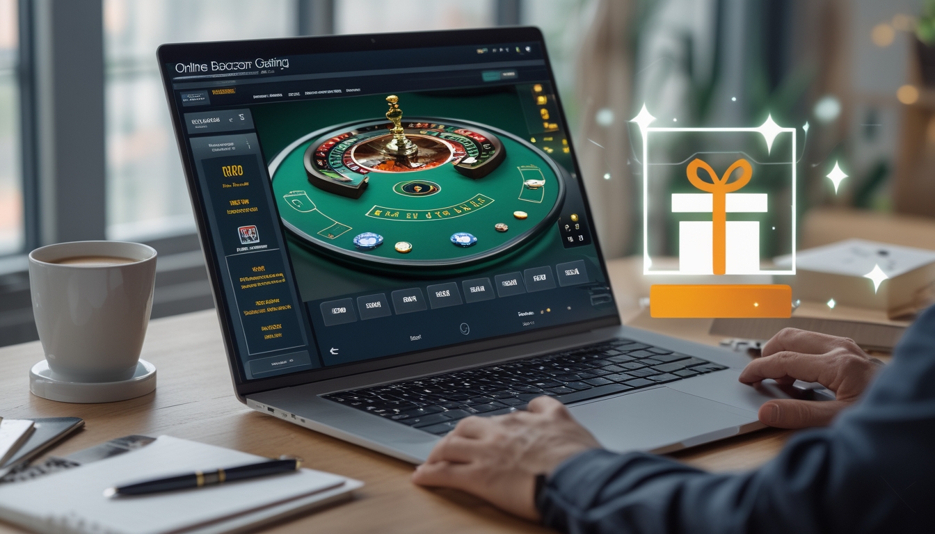 Seorang pemain menggunakan laptop dengan permainan baccarat online di layar, dikelilingi oleh suasana belajar yang nyaman dengan kopi dan alat tulis di meja.