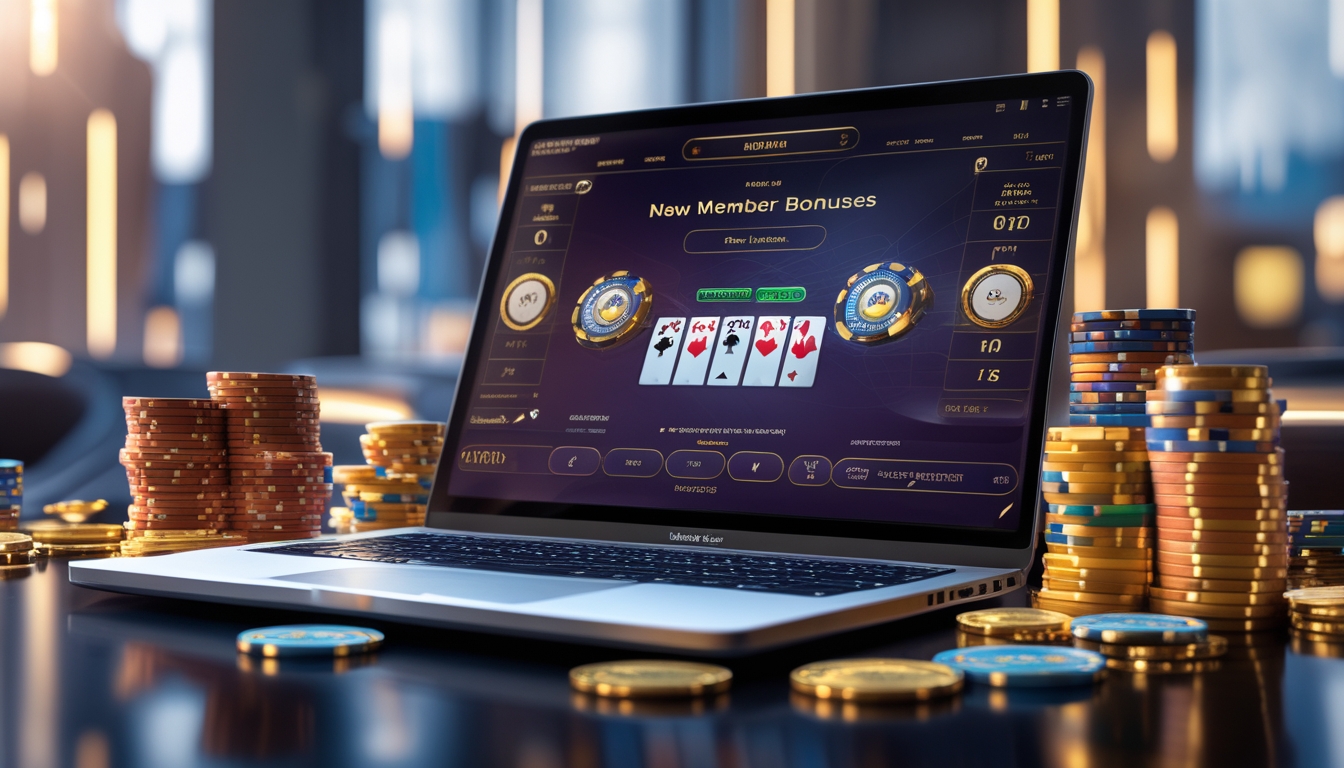 Sebuah perangkat digital menampilkan permainan baccarat dengan tumpukan chip kasino dan koin emas di sekitarnya.