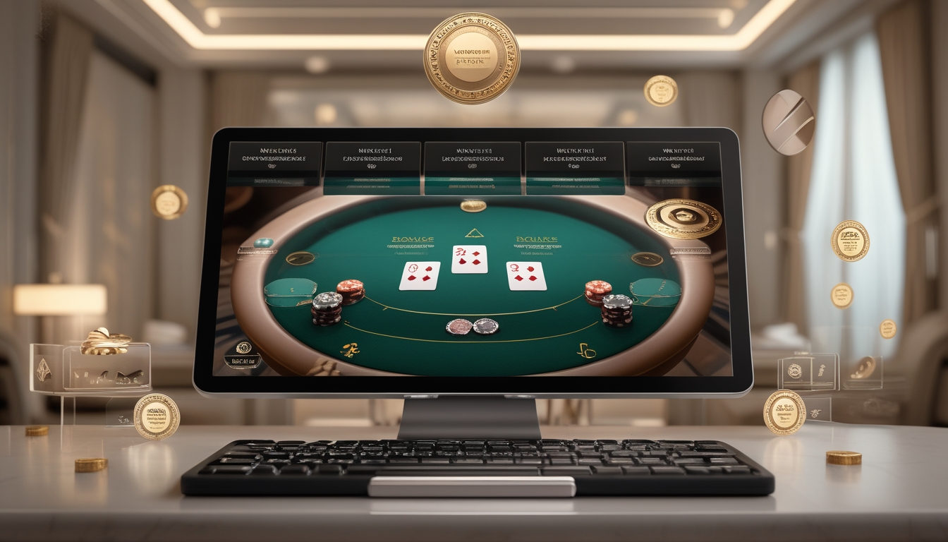 Layar komputer menampilkan permainan baccarat online dengan kartu dan chip, dikelilingi simbol bonus dan koin di latar kasino yang elegan.