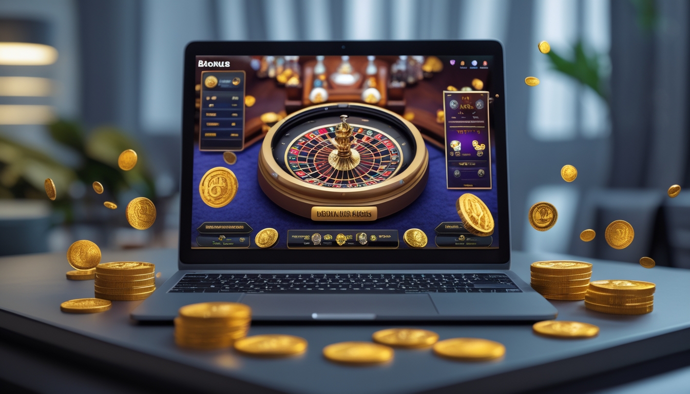 Sebuah laptop menampilkan permainan baccarat online dengan latar meja bersih dan elemen bonus digital di sekitarnya.