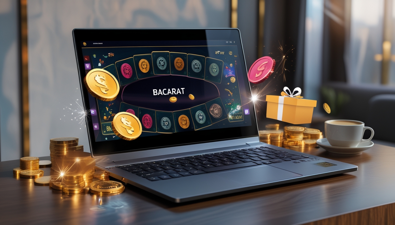 Seorang pemain menggunakan laptop dengan tampilan permainan baccarat online dan chip taruhan di meja yang rapi.