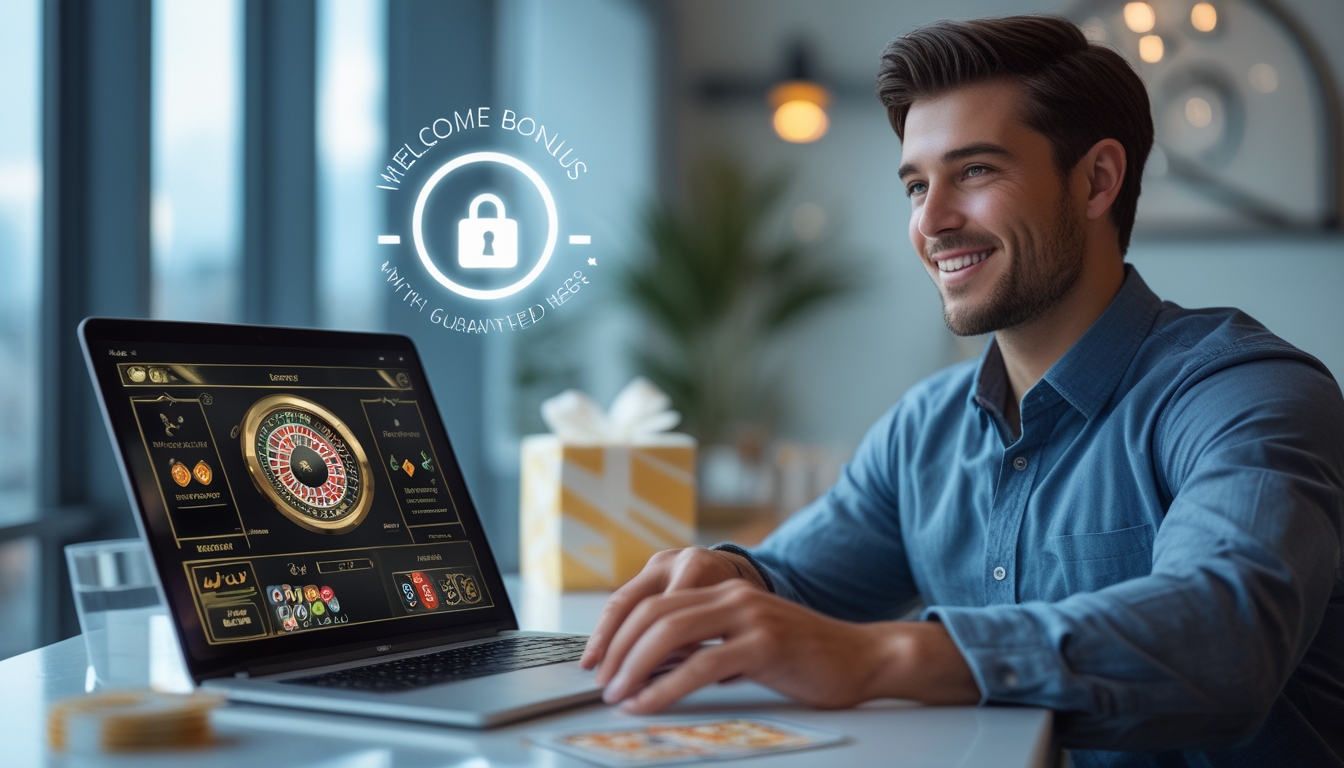 Seseorang sedang menggunakan laptop dengan tampilan permainan baccarat online, di meja terdapat simbol keamanan dan hadiah bonus, suasana ruangan rapi dan terang.