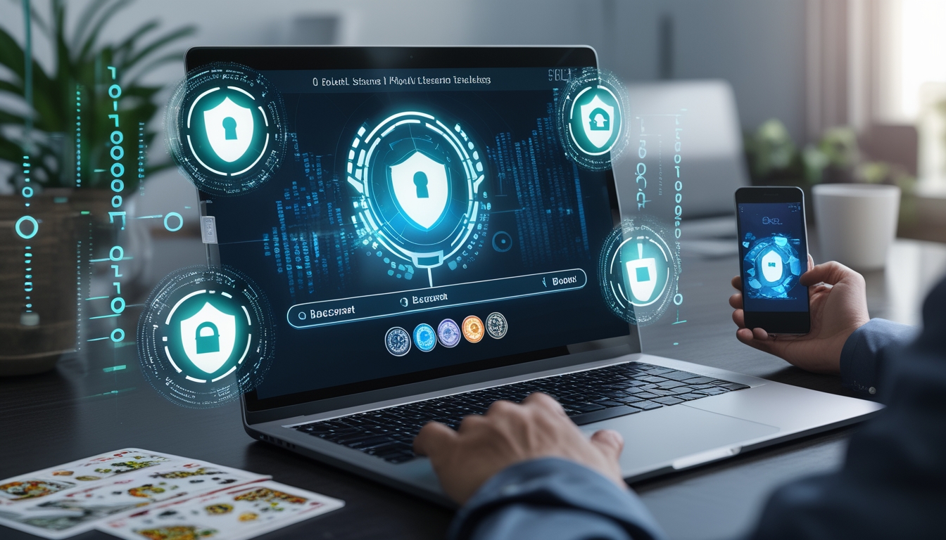 Seseorang menggunakan laptop dengan tampilan permainan baccarat online dan simbol keamanan digital di sekitarnya.