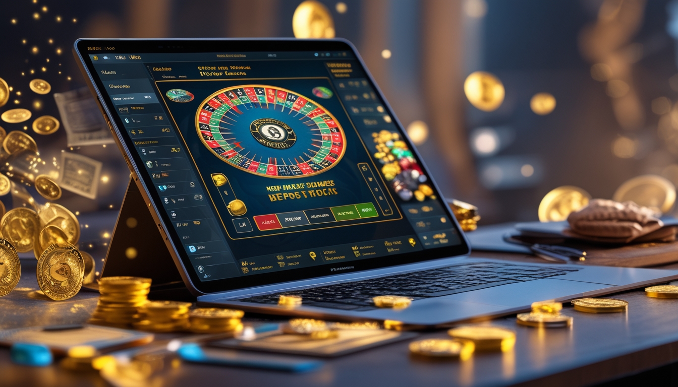 Seorang pengguna bermain baccarat online di laptop dengan tampilan kartu dan chip, dikelilingi oleh simbol koin emas dan ikon bonus yang bersinar.