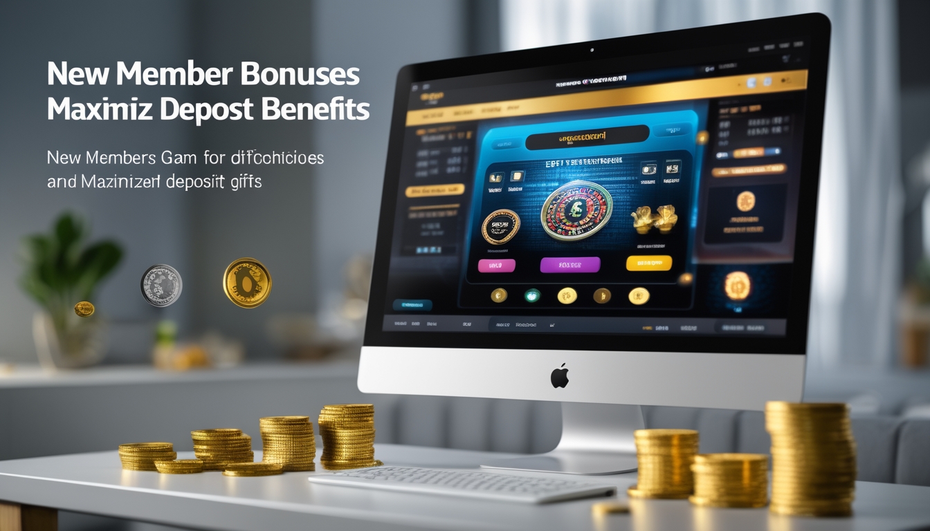 Seorang pemain menggunakan komputer dengan tampilan permainan baccarat online dan simbol koin serta hadiah di sekitarnya.