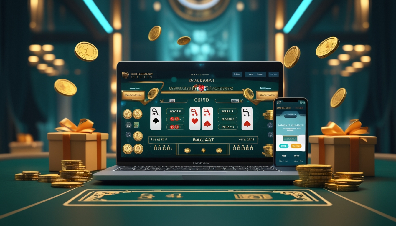 Seorang pengguna sedang bermain baccarat online di laptop dan smartphone dengan latar belakang suasana kasino digital yang modern dan menarik.
