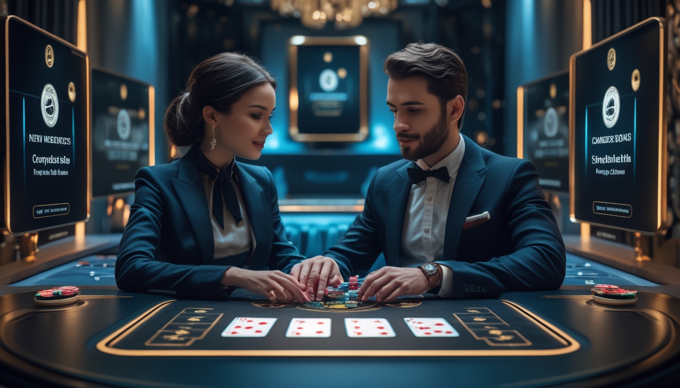 Seorang pria dan wanita duduk di meja permainan digital Baccarat dengan kartu dan chip virtual di layar, di ruangan mewah dengan pencahayaan biru dan emas.