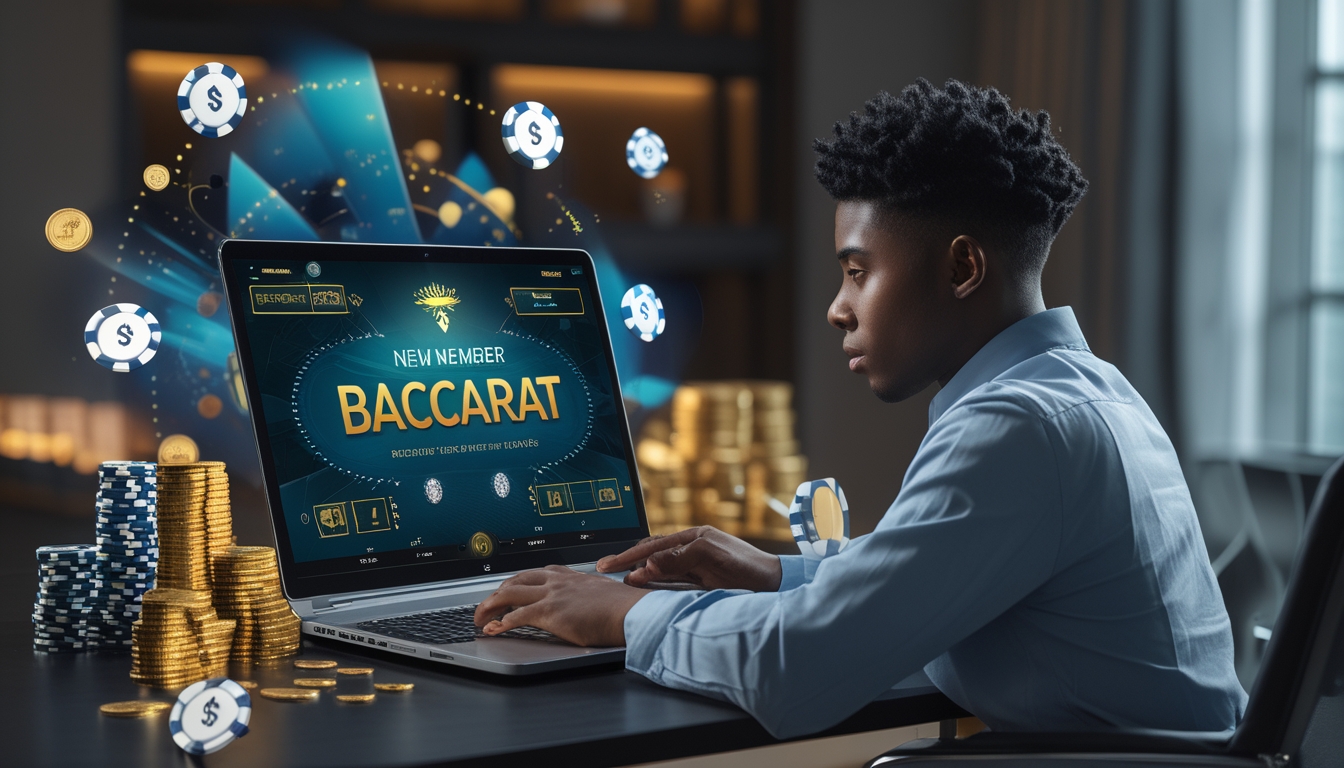 Seorang dewasa muda sedang bermain baccarat online di laptop dengan tumpukan chip dan koin di meja.