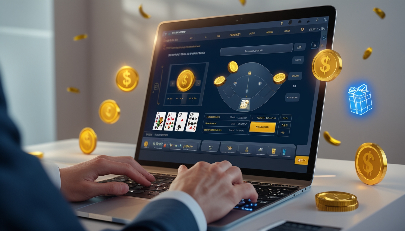 Seseorang menggunakan komputer dengan permainan baccarat online di layar dan simbol bonus di sekitar perangkat.