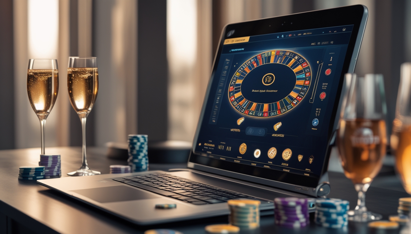 Seorang pemain sedang menggunakan komputer dengan permainan baccarat online, dikelilingi oleh chip kasino dan gelas minuman di meja.