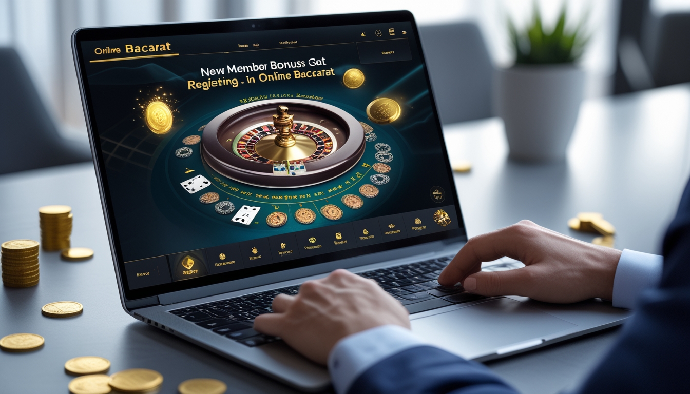 Seseorang sedang bermain baccarat online di komputer dengan tampilan permainan dan simbol bonus di layar.
