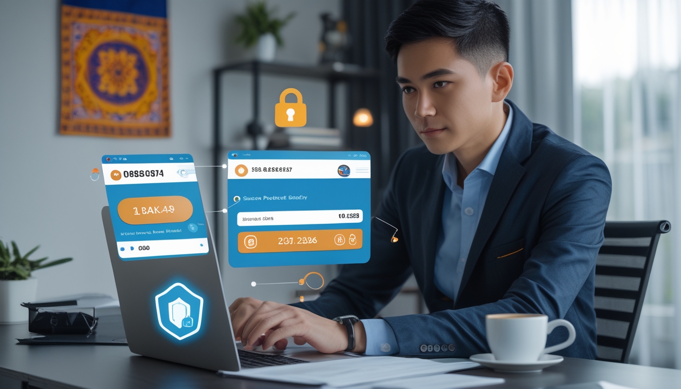Seseorang menggunakan laptop di meja kerja dengan ikon keamanan digital, menunjukkan platform togel online terpercaya di Indonesia.