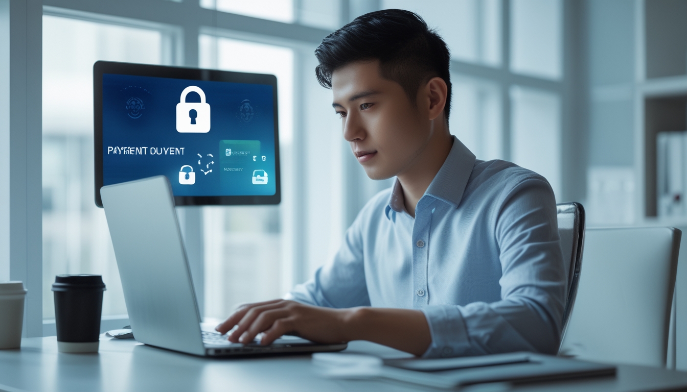 Seorang pria muda menggunakan laptop di meja kantor yang rapi dengan latar belakang perangkat digital yang menunjukkan transaksi aman dan cepat.