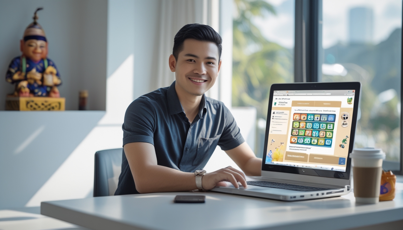 Seorang pria muda duduk di meja kerja dengan laptop yang menampilkan situs togel online, di latar belakang terdapat elemen budaya Indonesia seperti kain batik dan wayang.