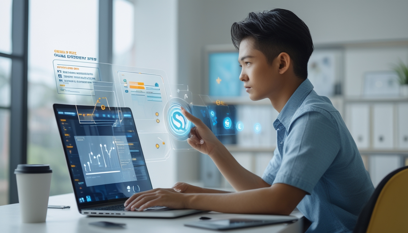 Seseorang duduk di meja kerja dengan laptop, memeriksa data tentang situs togel online yang aman di lingkungan kantor yang terang dan rapi.