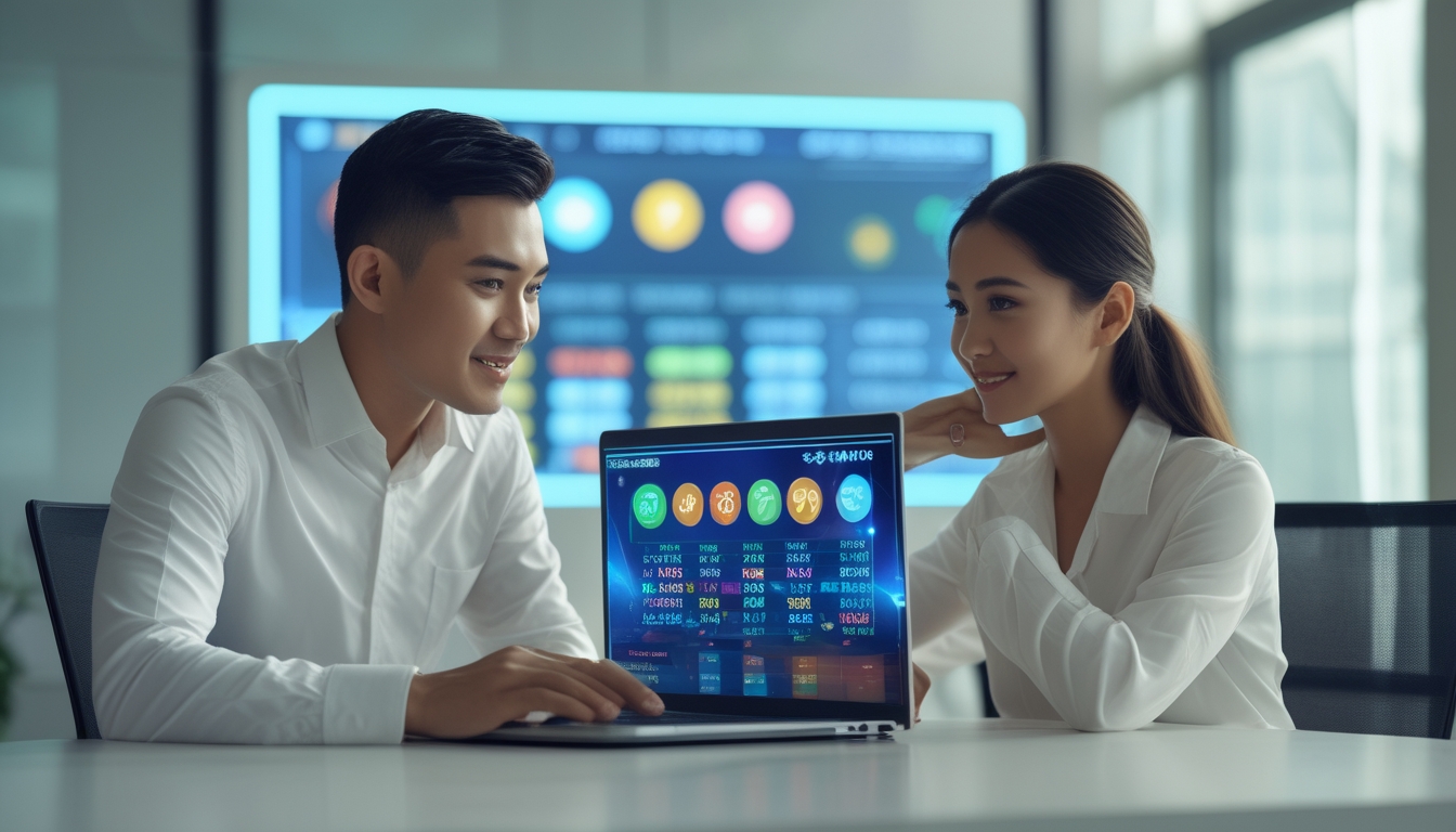Seorang pria dan wanita Indonesia duduk di meja modern sambil melihat layar laptop dengan grafik warna-warni, di ruang kantor yang terang dan rapi.