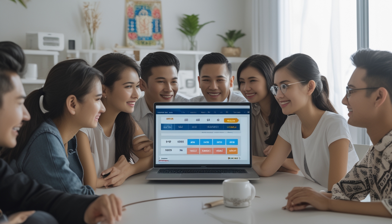 Sekelompok orang muda sedang menggunakan laptop di ruang kerja modern dengan dekorasi batik kecil di meja.