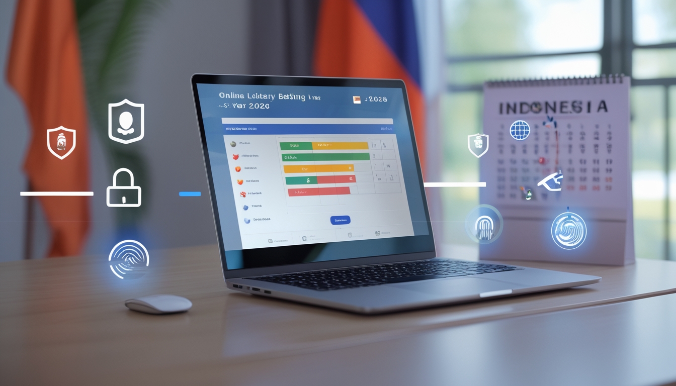 Meja kerja modern dengan laptop yang menampilkan antarmuka situs taruhan togel online, dilengkapi simbol keamanan dan bendera Indonesia di latar belakang.