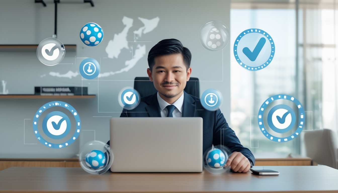 Seorang pria Indonesia duduk di meja dengan laptop, dikelilingi ikon digital yang melambangkan lotere online dan keamanan, dengan latar belakang peta Indonesia dan grafik peluang menang.