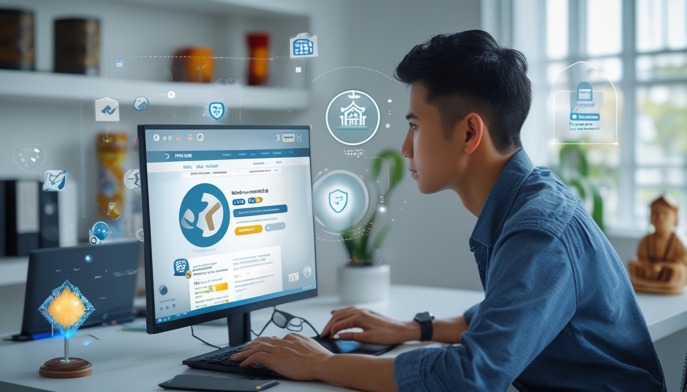 Seorang pria muda Indonesia duduk di meja dengan laptop, fokus memilih situs togel online yang terpercaya di ruangan kantor rumah yang terang dan rapi.