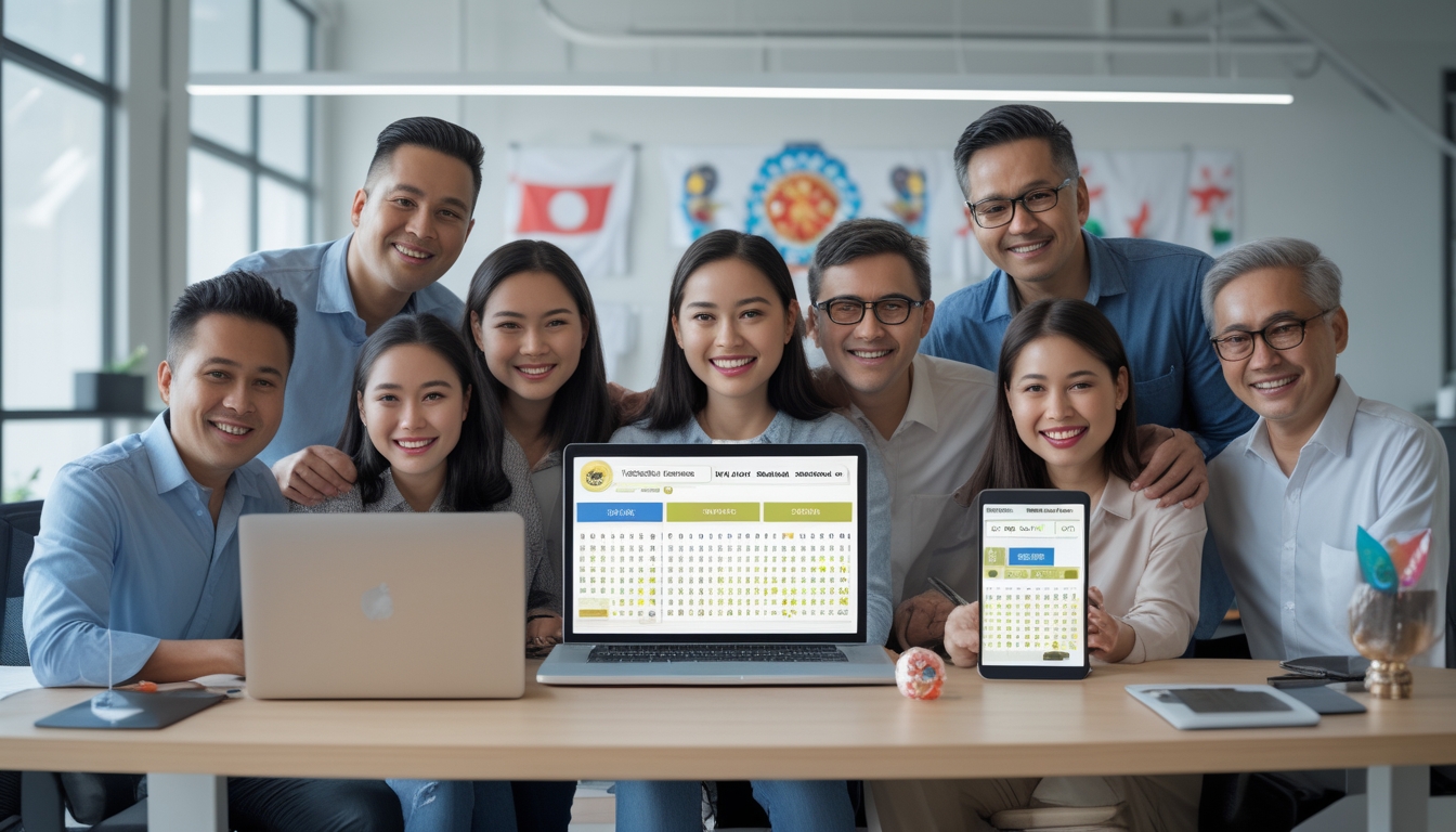 Sekelompok orang dewasa sedang menggunakan laptop dan ponsel untuk bermain togel online di ruang kantor yang terang dan modern.