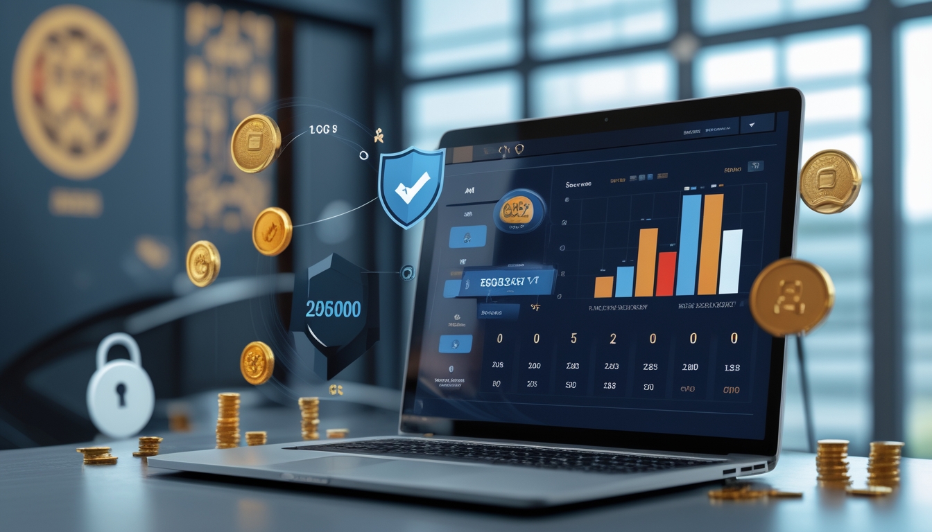 Seorang profesional menggunakan laptop dengan tampilan situs togel online yang aman dan terpercaya, dikelilingi simbol keamanan seperti gembok dan perisai.