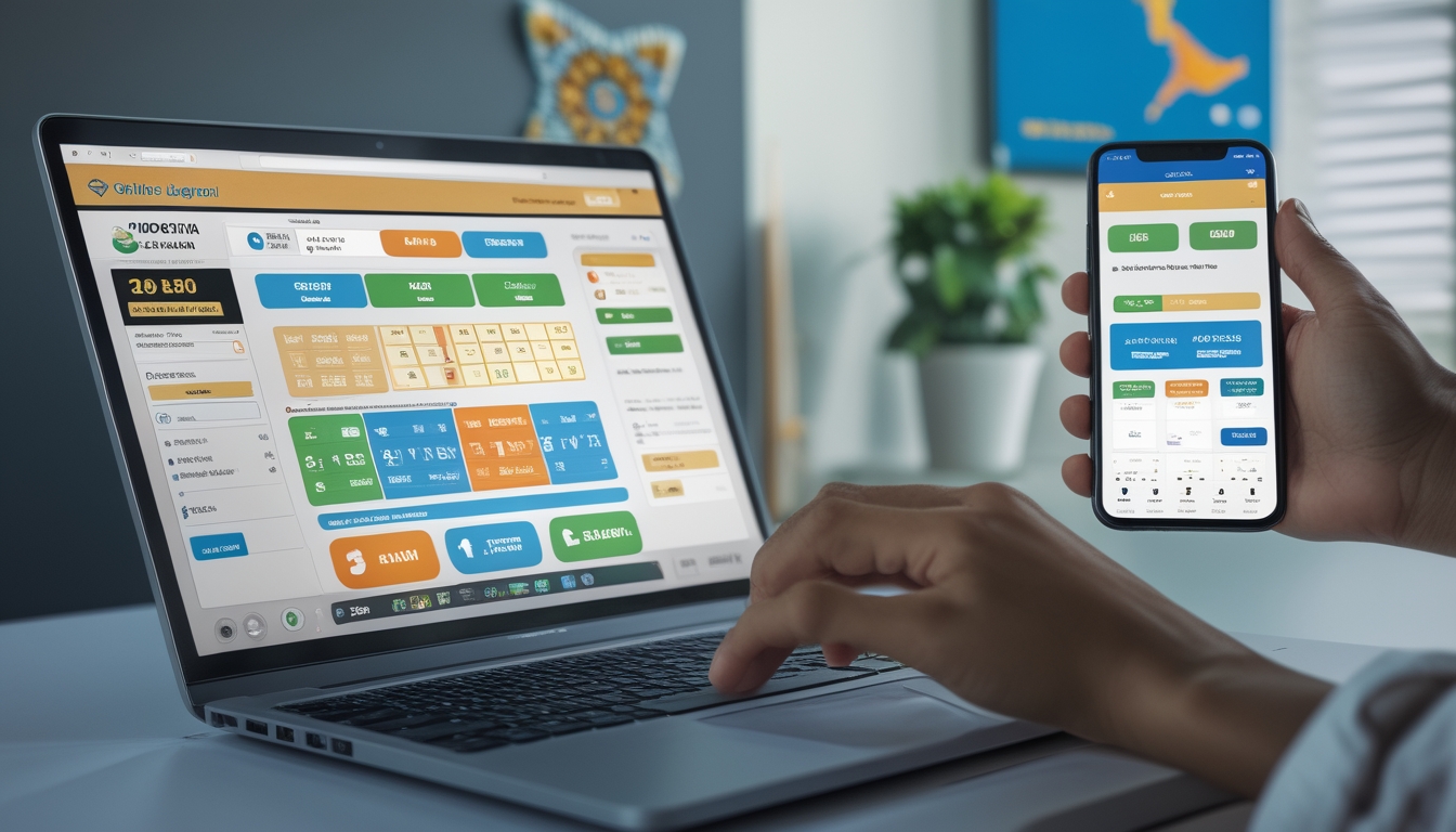 Orang menggunakan laptop dan ponsel untuk bermain togel online di meja kerja dengan dekorasi batik dan peta Indonesia di latar belakang.