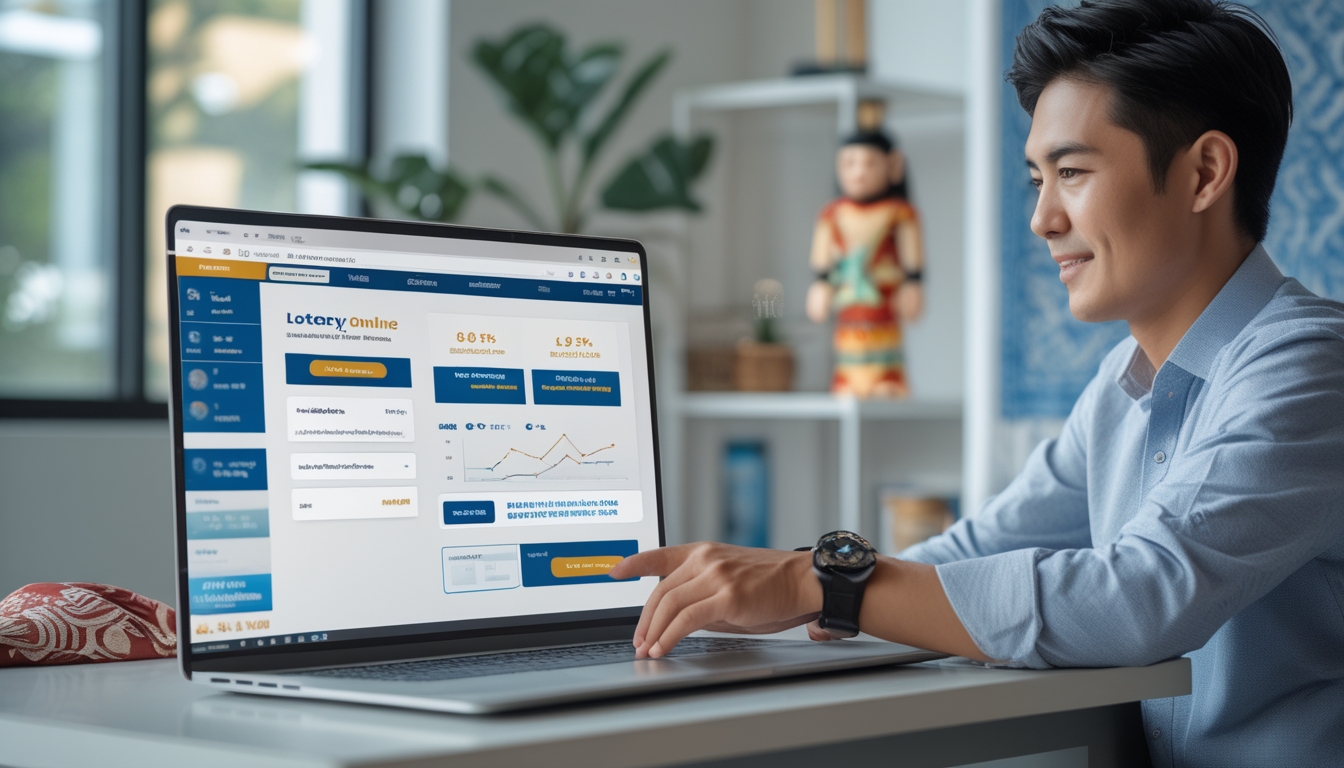 Seseorang menggunakan laptop di meja kerja dengan tampilan situs togel online yang aman dan terpercaya, di latar belakang terdapat elemen budaya Indonesia.