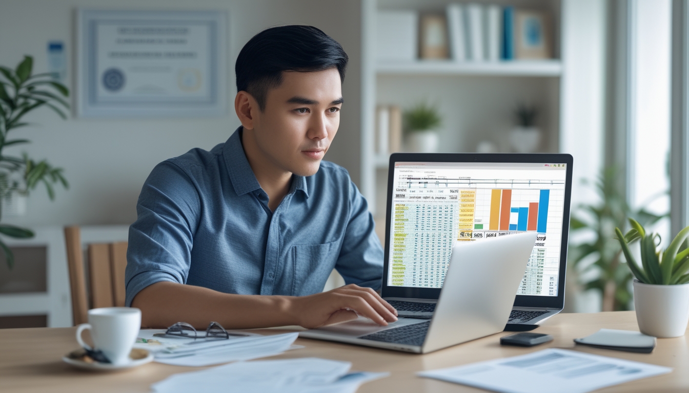 Seorang pria Indonesia duduk di meja kerja dengan laptop, fokus melihat data dan grafik terkait prediksi angka togel, di ruang kerja yang rapi dan terang.