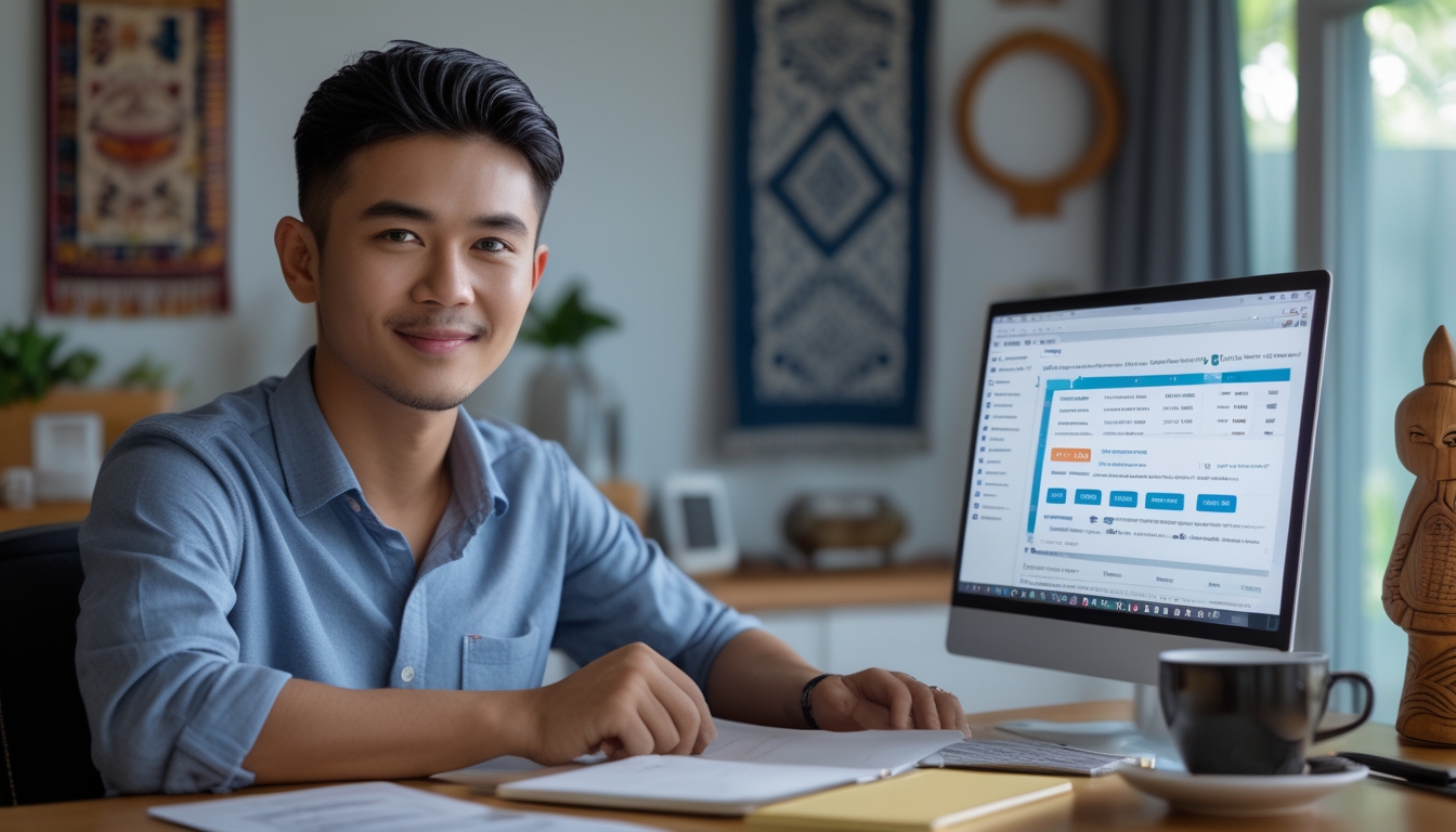 Seorang pria muda Indonesia duduk di meja dengan laptop di ruang kerja rumah yang nyaman, terlihat fokus dan santai saat menggunakan situs web yang aman.