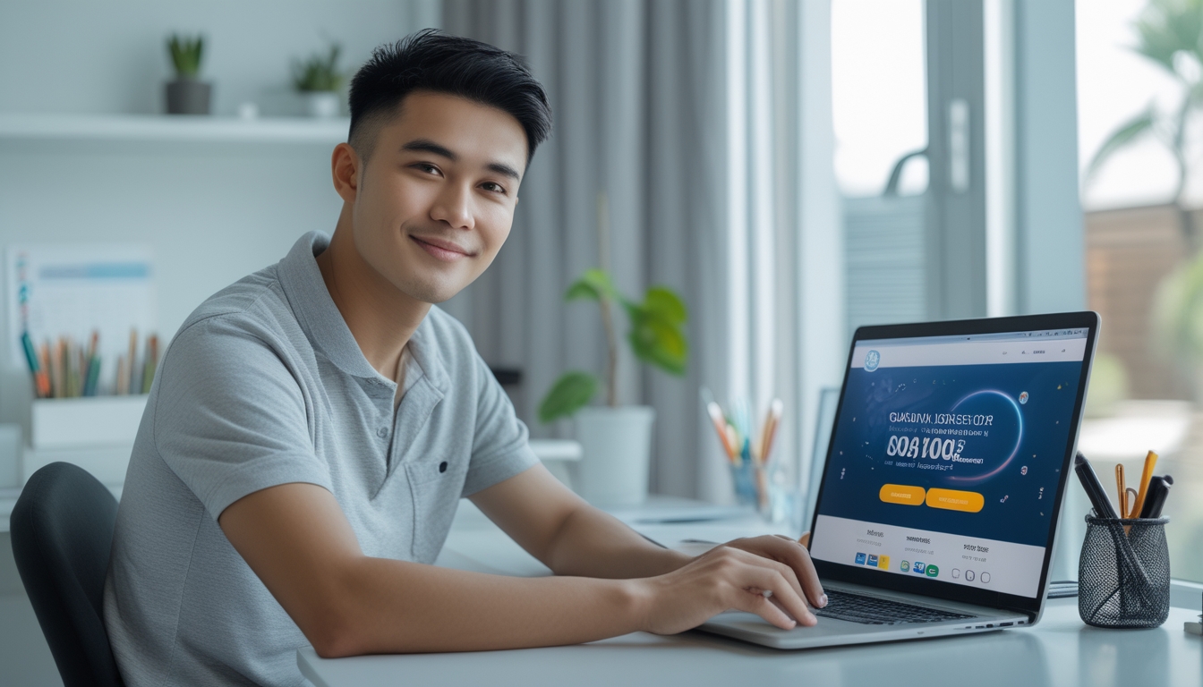 Seorang pria muda Indonesia duduk di meja dengan laptop, terlihat percaya diri saat menggunakan situs togel online yang aman di ruang kerja yang terang dan rapi.