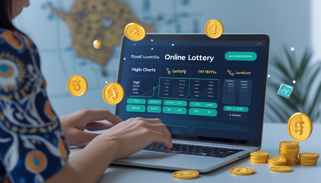 Seseorang menggunakan laptop atau ponsel dengan tampilan antarmuka lotre online di latar belakang yang menunjukkan elemen budaya Indonesia dan simbol keberuntungan.