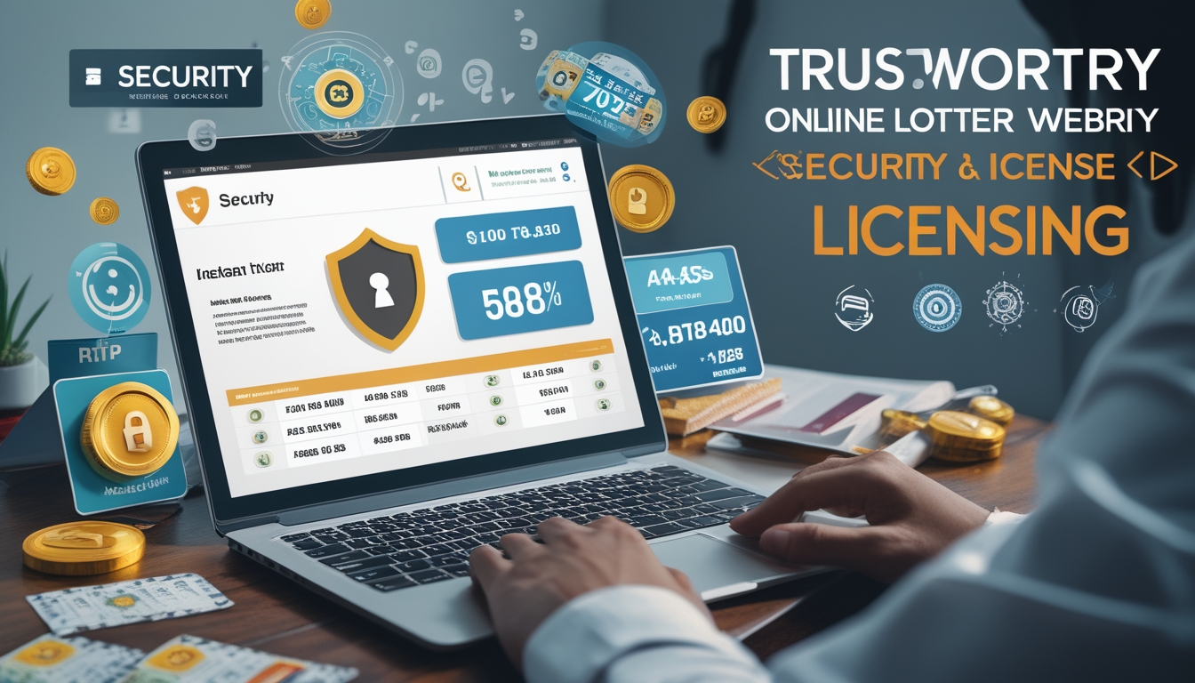 Meja kerja modern dengan laptop yang menampilkan situs togel online terpercaya, ikon keamanan seperti perisai dan gembok, serta simbol jackpot dan koin emas, dengan latar belakang elemen budaya Indonesia.