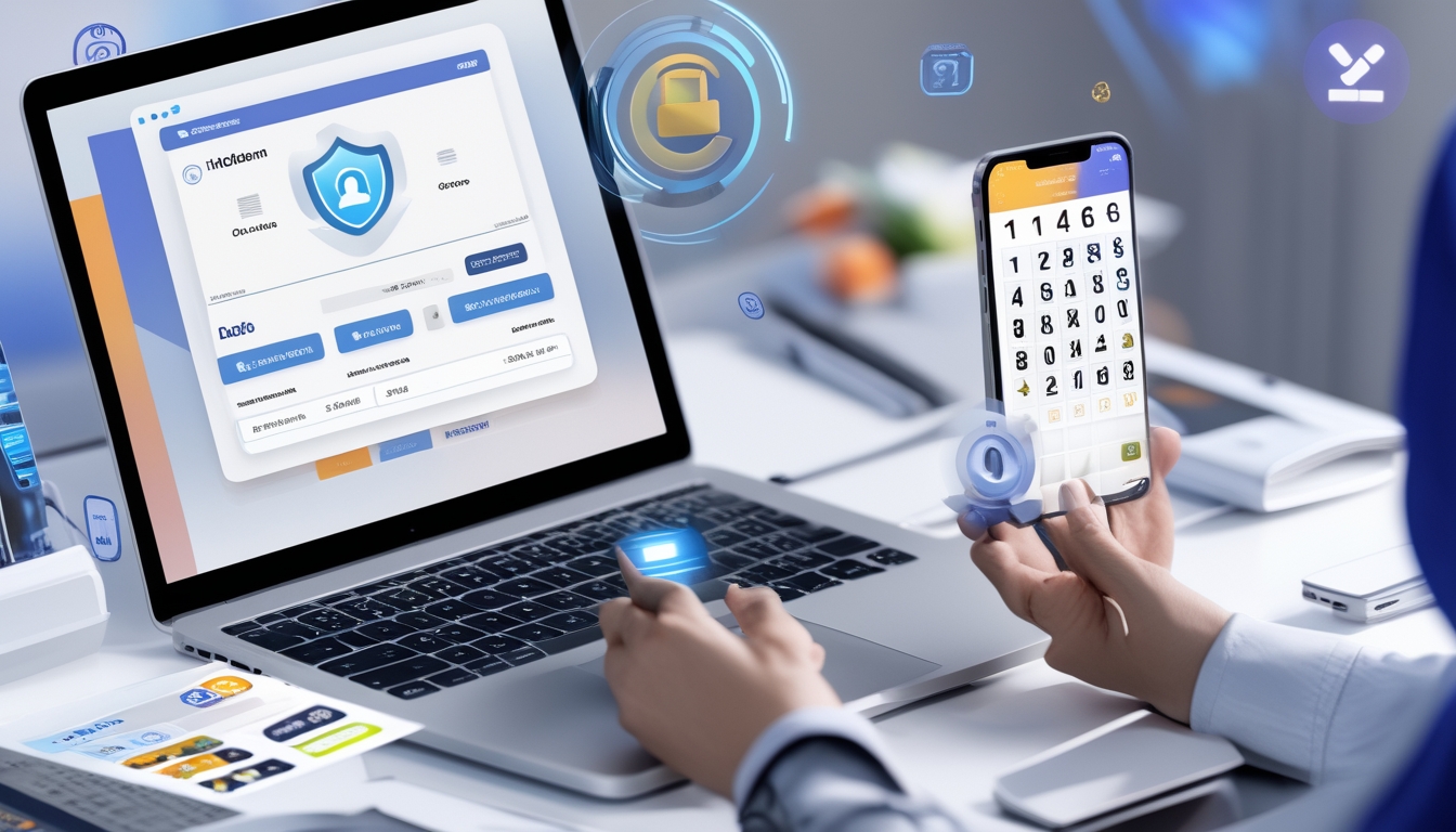 Seseorang menggunakan laptop dan ponsel di meja kerja dengan simbol keamanan digital dan konsep pembayaran cepat.