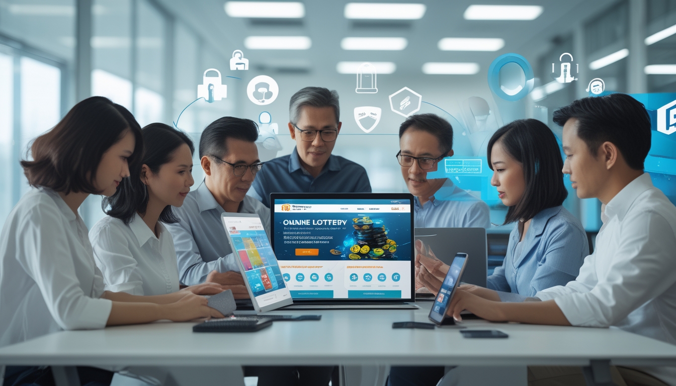 Beberapa orang menggunakan perangkat digital di kantor modern dengan simbol keamanan dan pembayaran cepat pada layar.