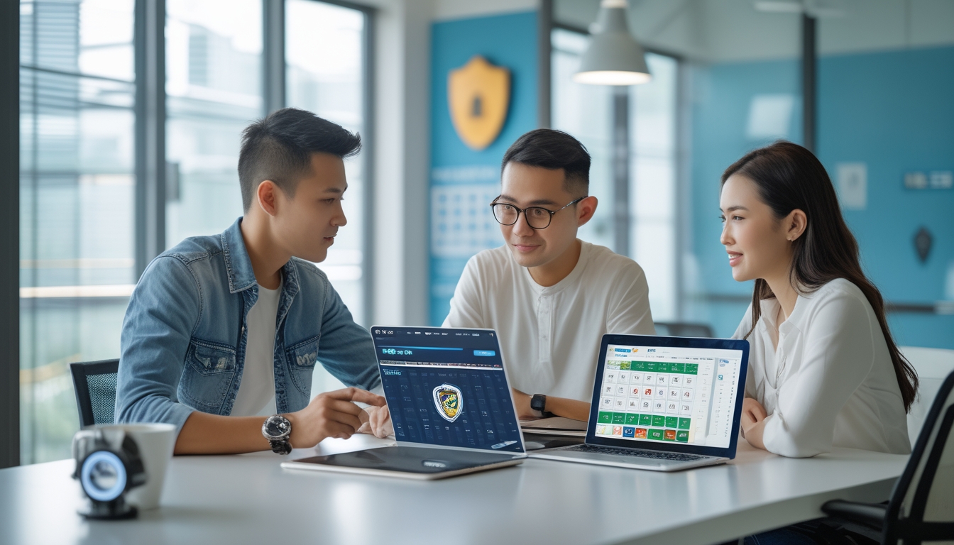 Dua orang muda sedang duduk di meja kerja dengan perangkat digital, fokus belajar tentang togel online di ruang kantor yang terang dan rapi.