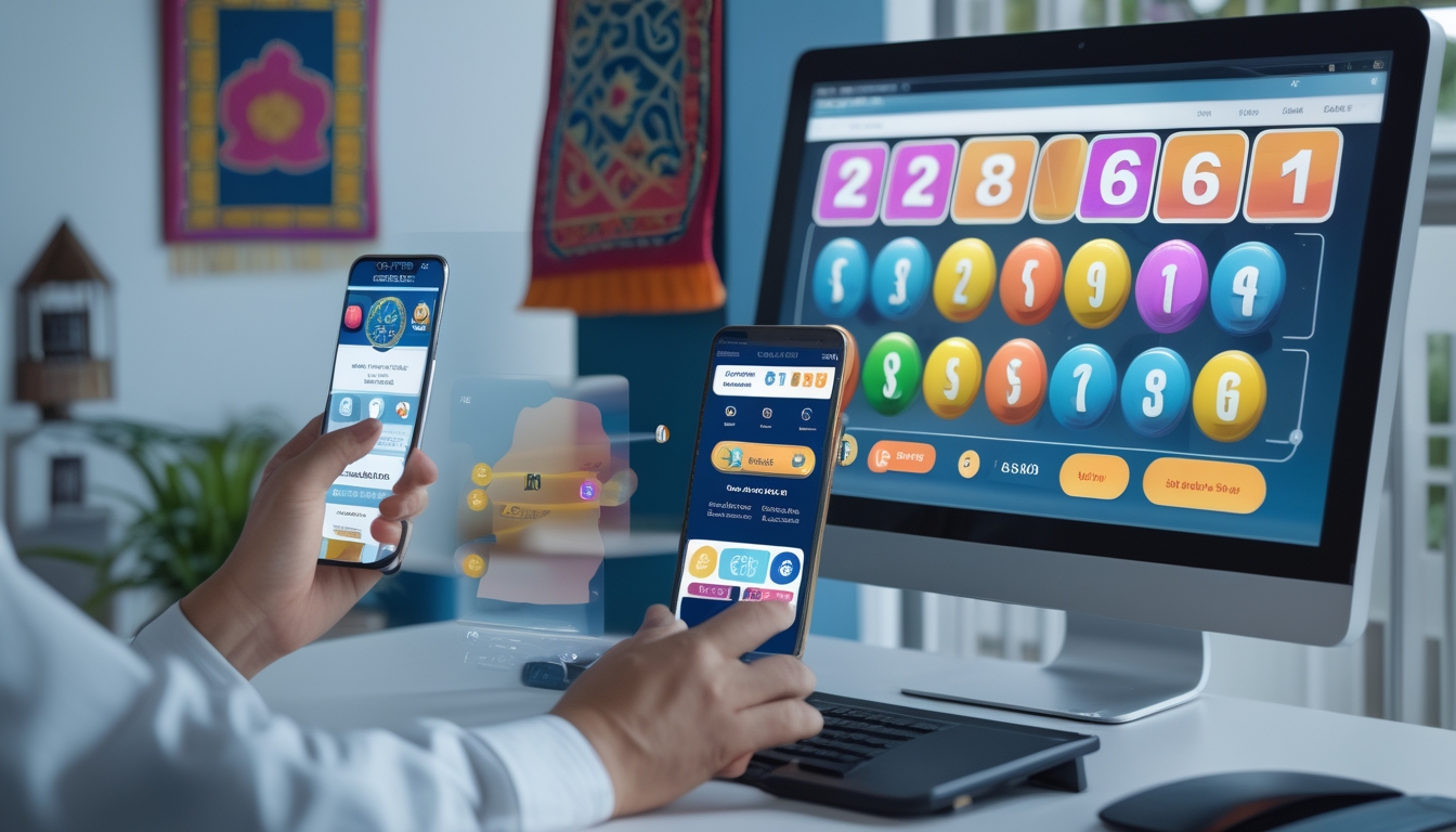 Meja kerja modern dengan komputer dan ponsel yang menampilkan permainan togel online, dengan dekorasi batik kecil di latar belakang.