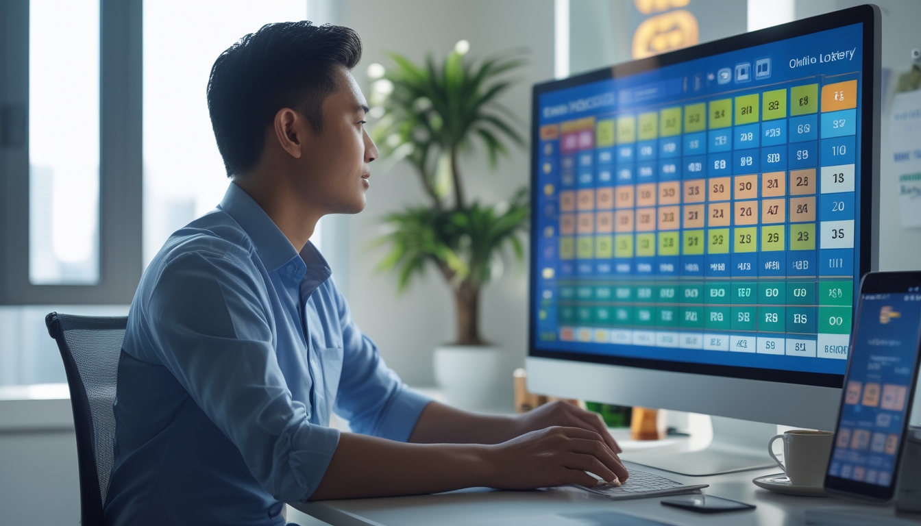 Seorang pria Asia Tenggara duduk di meja kantor modern sambil melihat layar komputer yang menampilkan angka togel dan grafik warna-warni.