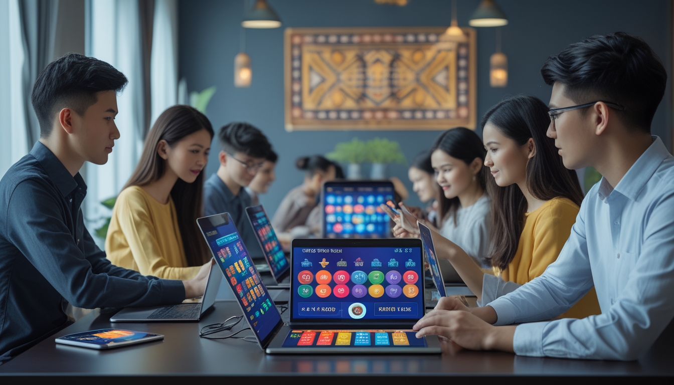 Beberapa orang muda menggunakan perangkat digital di ruang kerja modern dengan elemen budaya Indonesia di latar belakang.