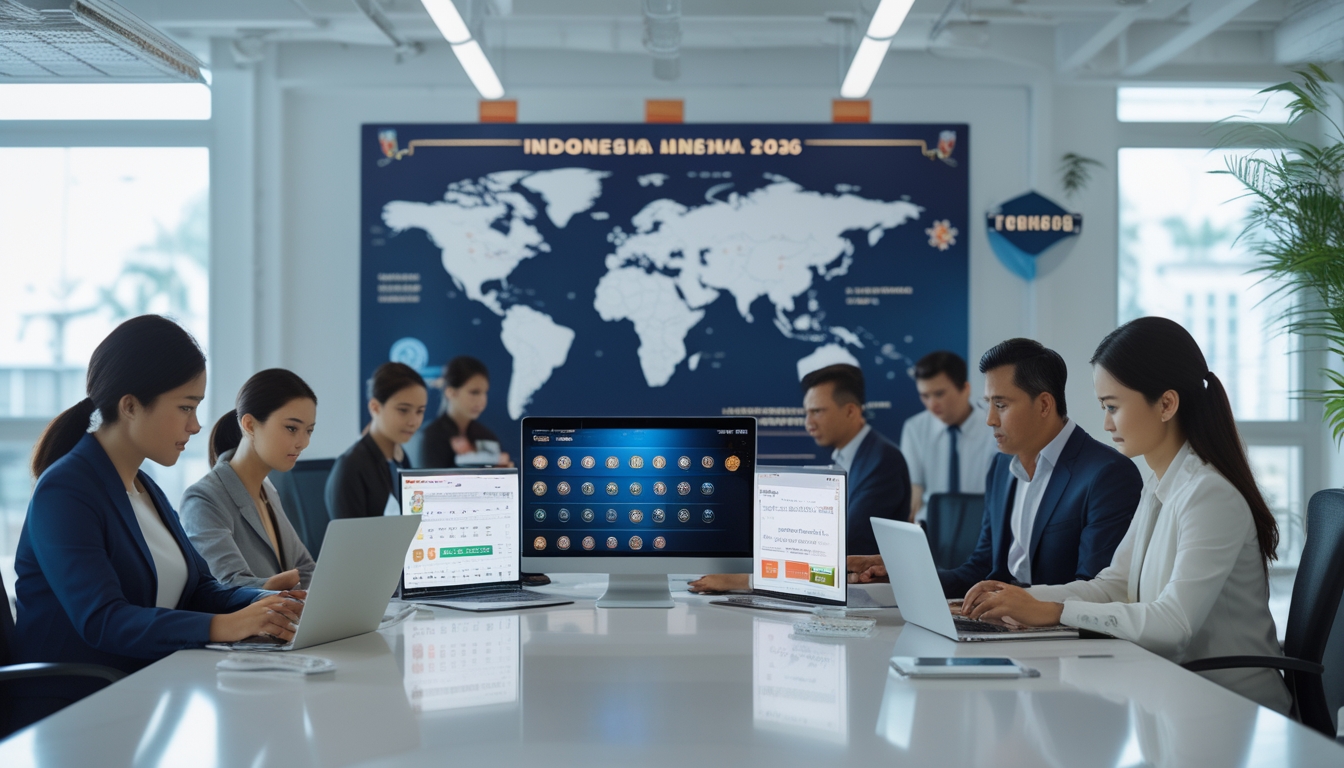 Sekelompok orang menggunakan laptop dan ponsel di kantor modern dengan tampilan antarmuka lotere online di layar.