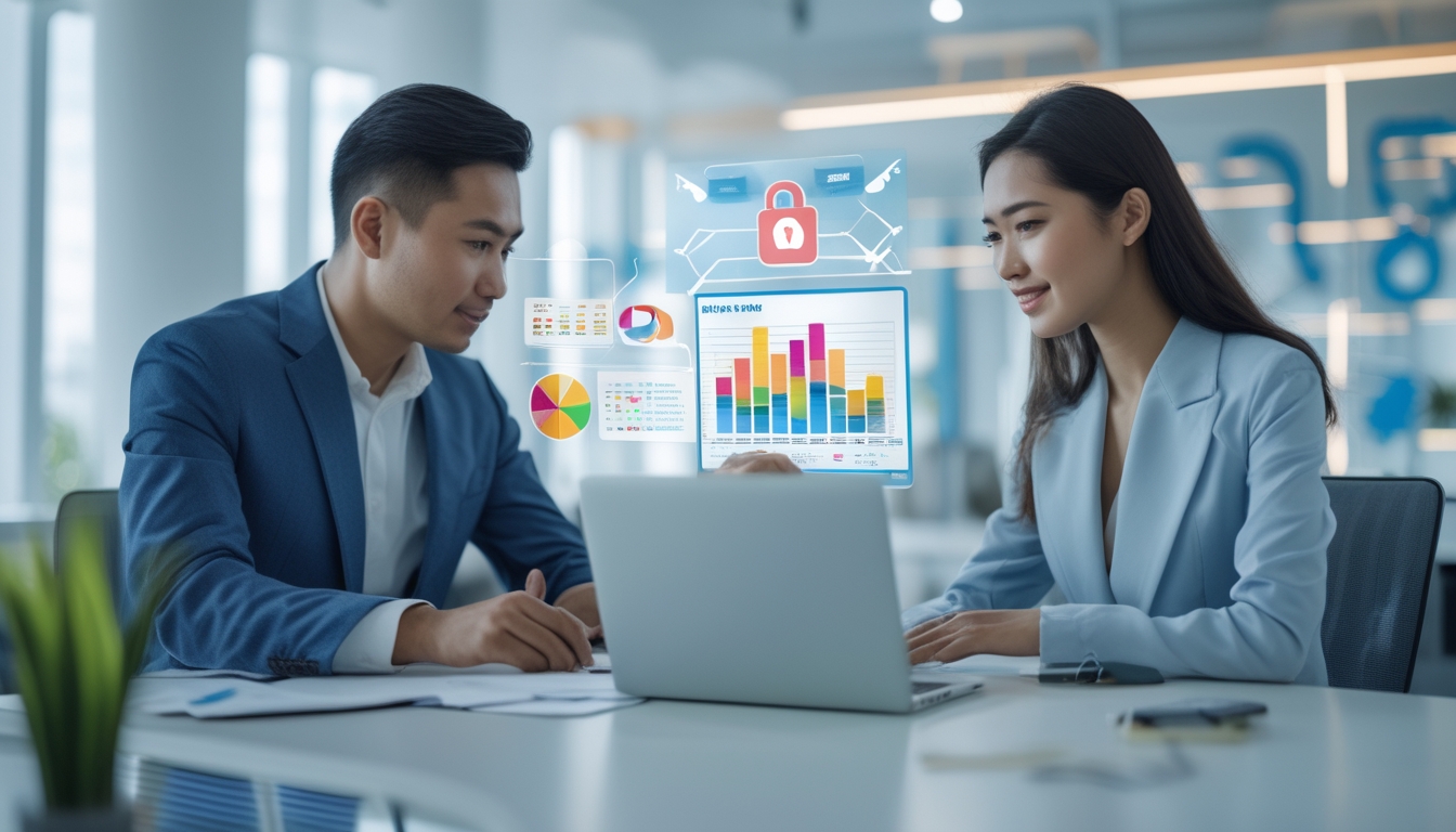 Seorang pria dan wanita Indonesia duduk bersama di meja kantor modern sambil melihat layar laptop yang menampilkan grafik dan data.