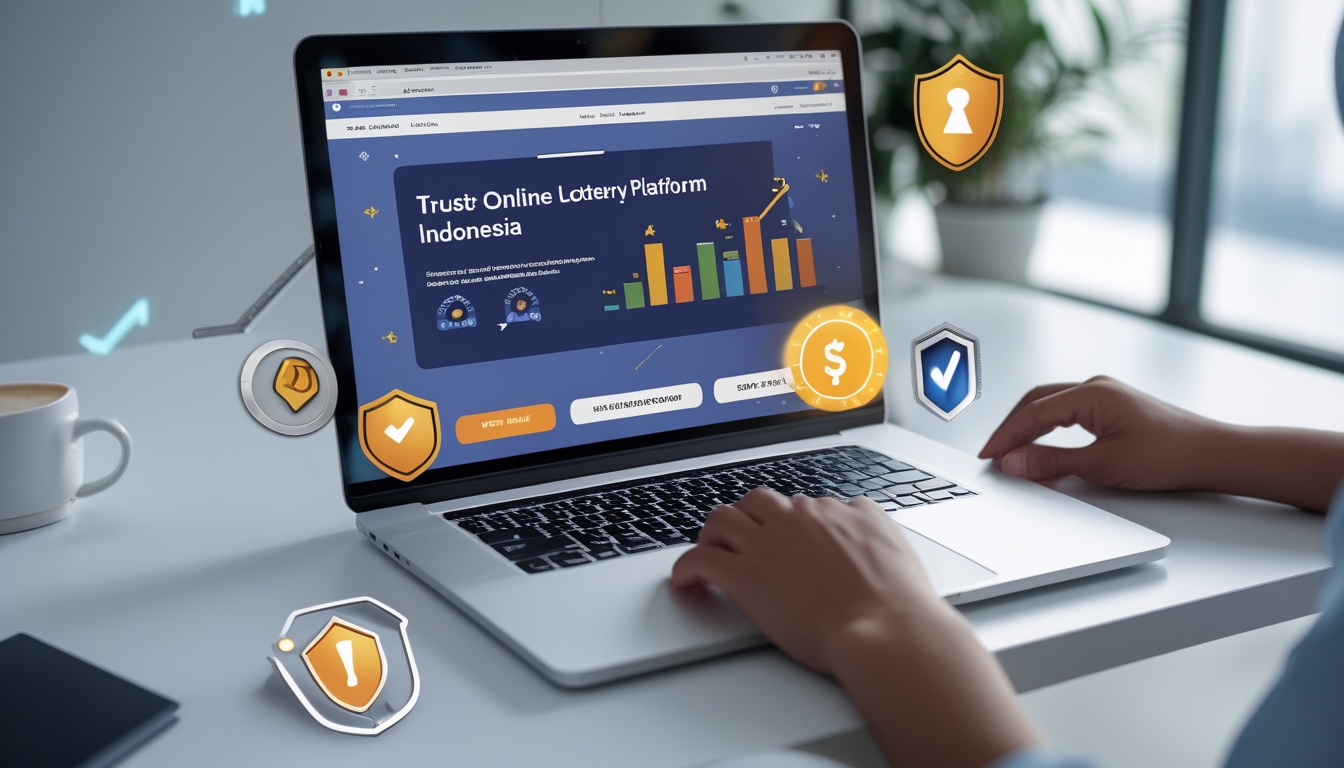 Sebuah meja kerja modern dengan laptop yang menampilkan antarmuka situs togel online yang aman dan terpercaya, dikelilingi ikon keamanan seperti gembok dan perisai.