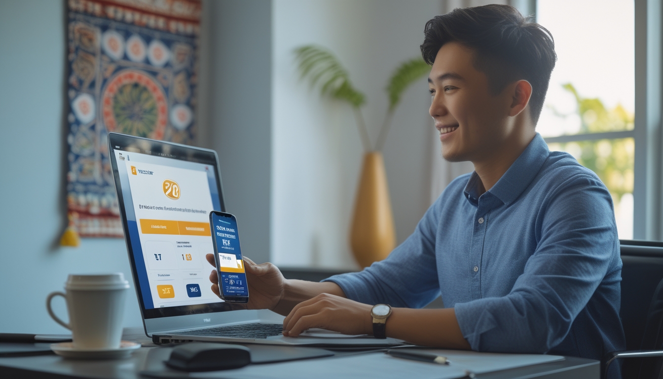 Seorang pria muda Indonesia duduk di meja dengan laptop dan ponsel, tersenyum sambil menggunakan aplikasi togel online di ruangan yang nyaman dan terang dengan dekorasi budaya Indonesia.