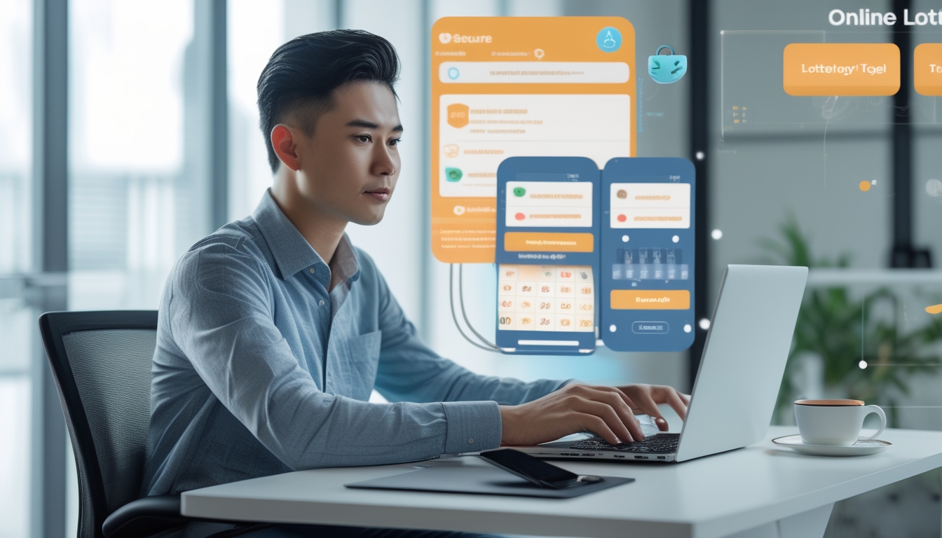 Seorang pria muda Indonesia duduk di meja kerja modern menggunakan laptop dengan layar yang menampilkan grafik dan ikon keamanan, menunjukkan aktivitas memilih platform togel online yang aman.