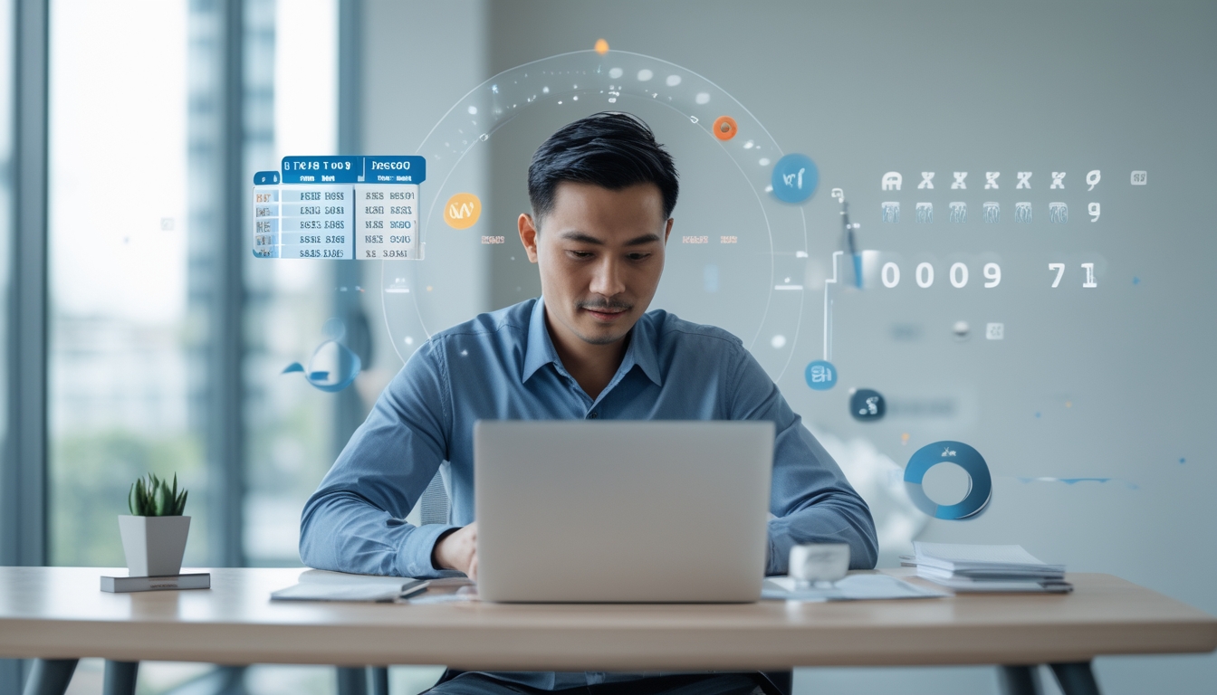 Seorang pria Indonesia duduk di meja dengan laptop, terlihat sedang menganalisis angka dalam ruangan kantor yang terang dan modern.