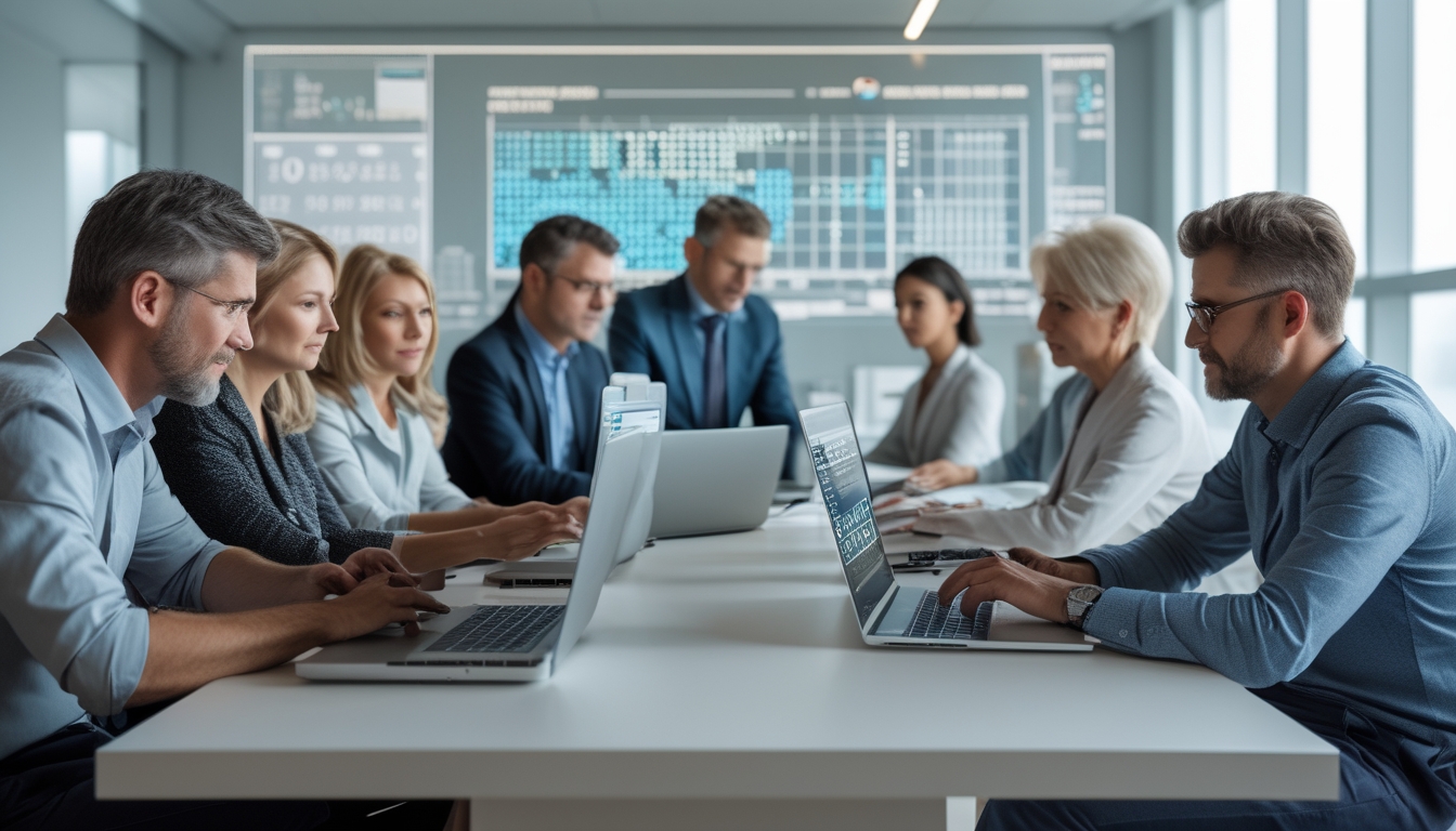 Sekelompok orang dewasa sedang bekerja dengan laptop dan perangkat digital di kantor modern, menampilkan grafik dan data angka togel.