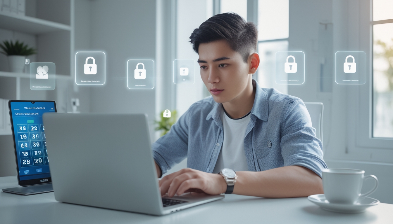 Seorang dewasa muda menggunakan laptop di meja kerja dengan ikon keamanan digital di sekitar layar, menunjukkan suasana bermain togel online yang aman dan terpercaya.